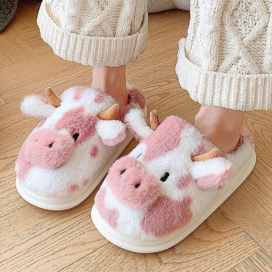 Women's Winter Warm Cartoon Cow Slippers Closed Toe Non Slip GlowCart