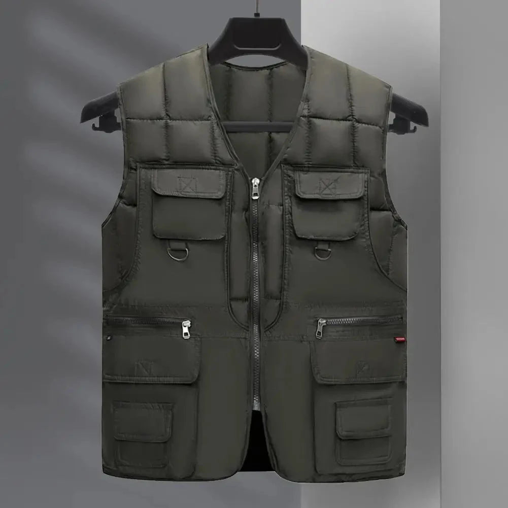 Men Down Vest 10 Pockets Cargo Vest Sleeveless Zipper GlowCart
