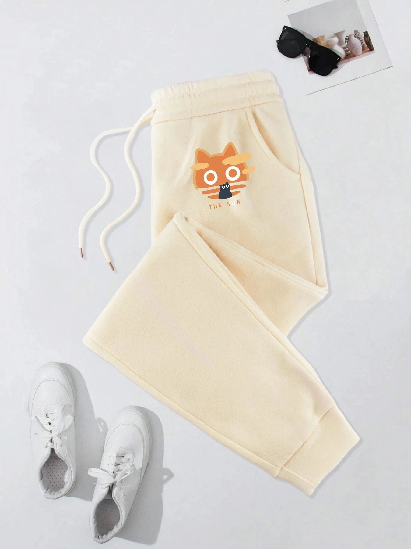 The Sun Cat Print Men Warm Elastic Waist Sweatpants Casual GlowCart