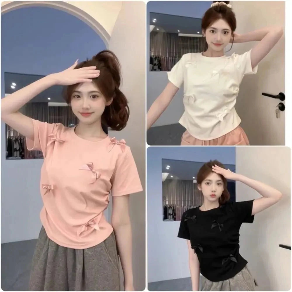 Elegant Ballet Bowknot T Shirts Round Collar Japanese Style GlowCart