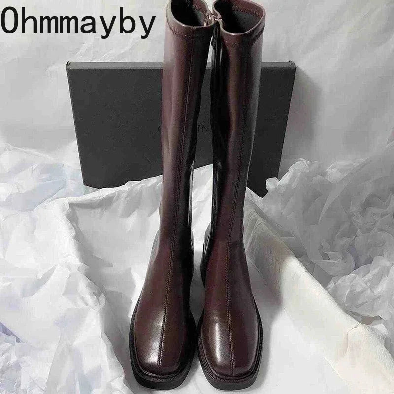 Vintage Thick Heel Women Knee High Boots Fashion Side GlowCart