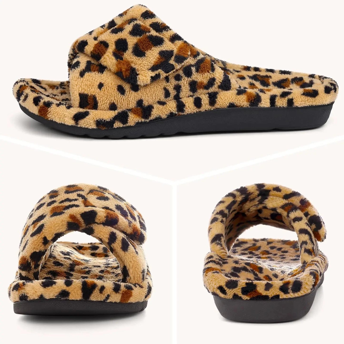 Shevalues Leopard Print Fur Women Slippers Fuzzy House Slippers Winter Open Toe Cotton Slippers Fashion Indoor Orthopedic Slides GlowCart