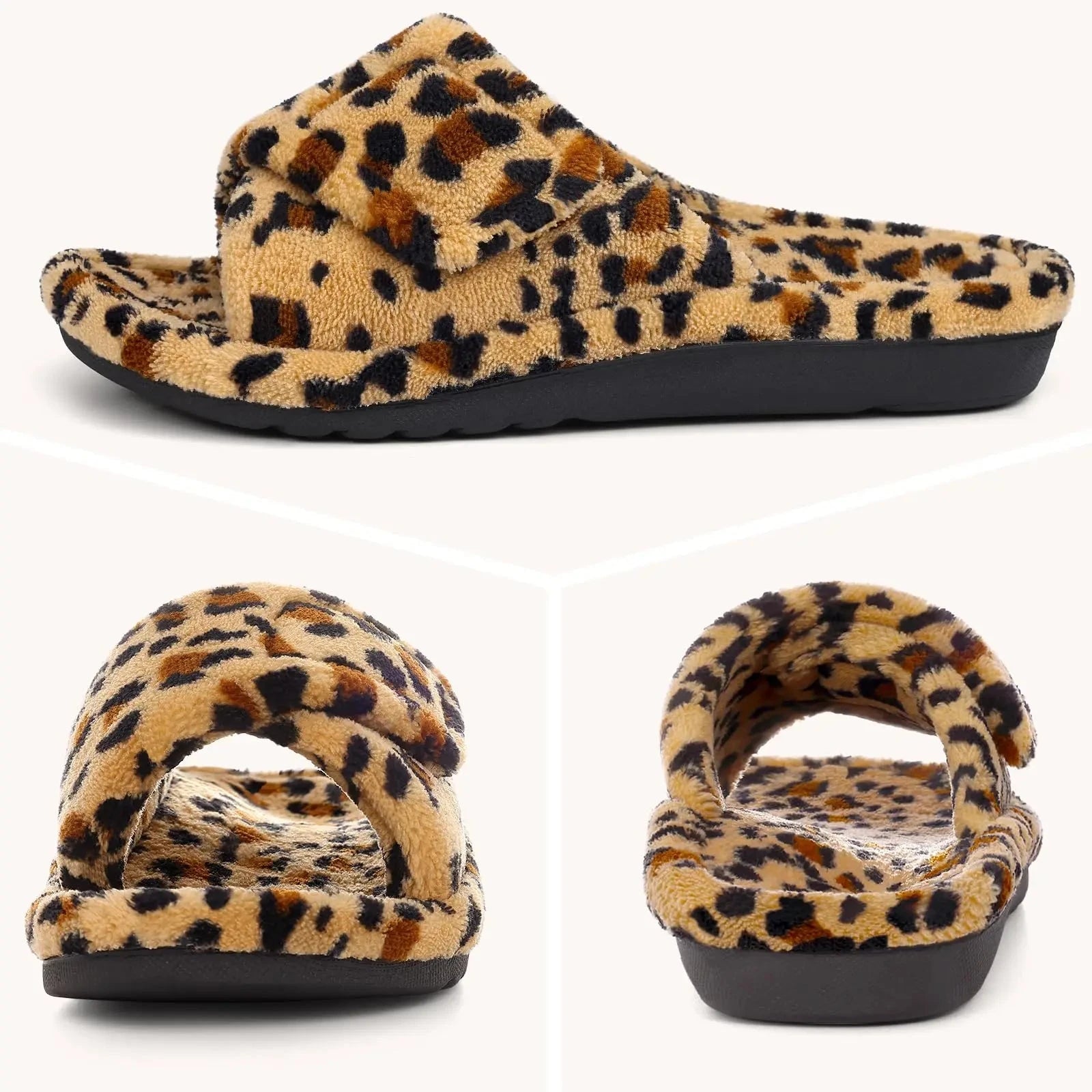 Shevalues Leopard Print Fur Women Slippers Fuzzy House Slippers Winter Open Toe Cotton Slippers Fashion Indoor Orthopedic Slides GlowCart