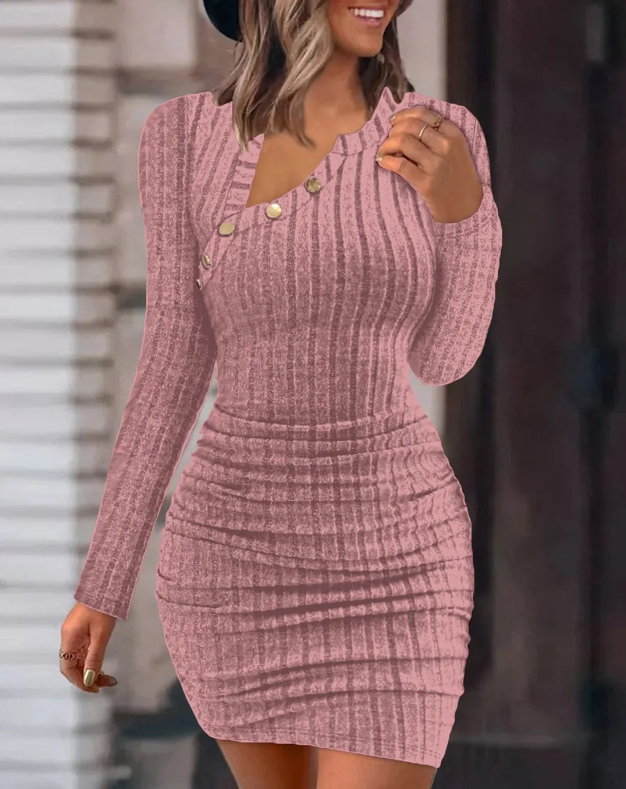 Button Crewneck Bodycon Dresses for Women Solid Color Ribbed Mini Wrap Dress Slim Fit Ruched Knitted Sweaters Dress GlowCart
