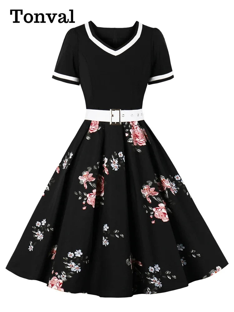 Tonval Vintage 50s Ladies Floral Pleated Rockabilly Dress GlowCart