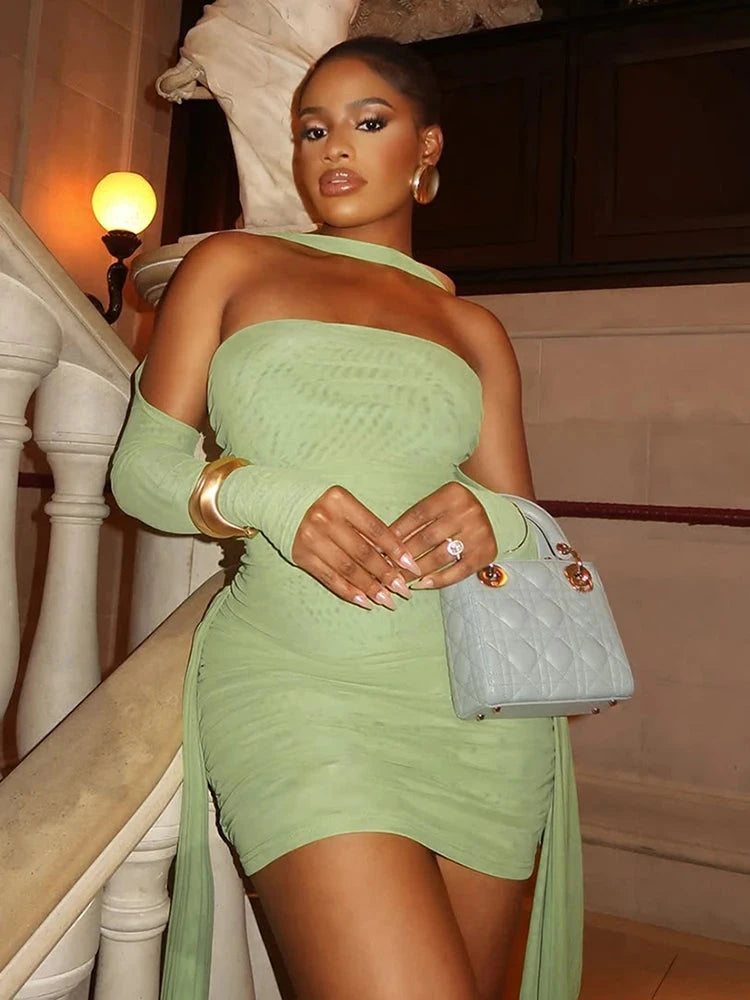 Sisterlinda Mesh Simple Mini Dress Fashion Solid Strapless GlowCart