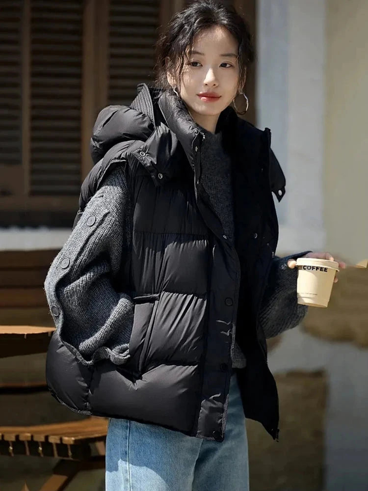Autumn Winter Fluffy Puff Hooded Down Vest Female Drawstring GlowCart