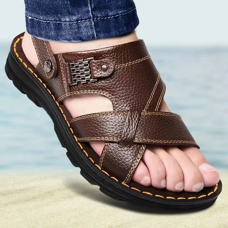 Summer Men Leather Sandals Genuine Leather Non-slip Men Shoes Slippers Outdoor Thick-soled Beach Shoes Comfor Soft Men sandalias GlowCart