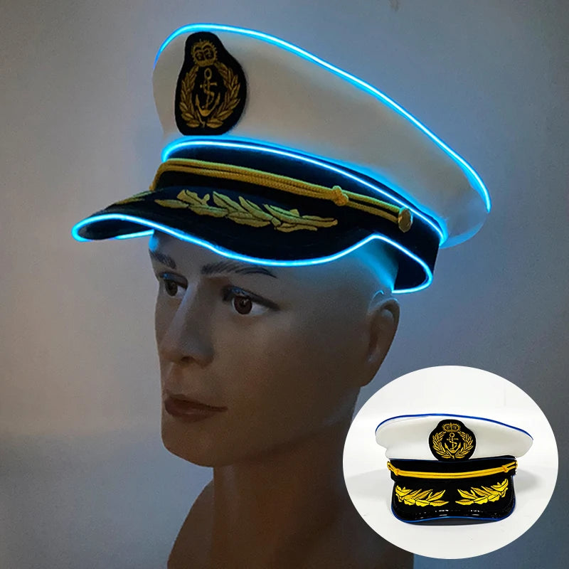 New Luminous Captain Hat LED Sailors Hat Glow In The Dark Nautical Themed Party Costume Cosplay Party Light Up Navy Cap Props GlowCart