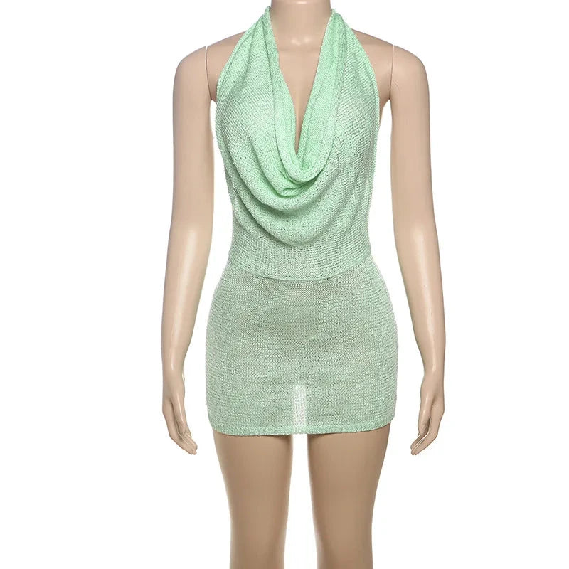 Women Sexy Sequins Knitted Mini Beach Dress Swinging Collar GlowCart