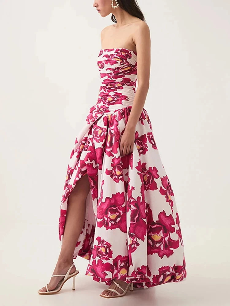 Sexy Strapless Printed Split Deign Long Bubble Dress Women GlowCart