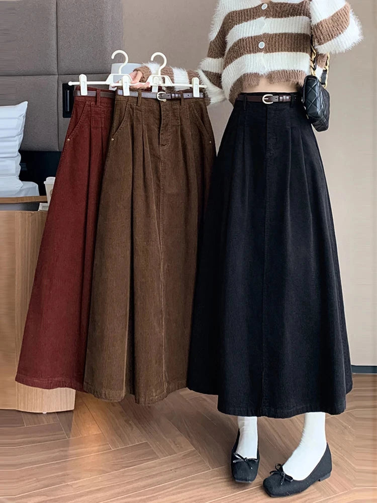 Elegant Winter Corduroy Maxi Long Skirt Women Fashion Korean Big Swing Umbrella A-line Skirts Loose Elastic Waist Falda Plisada GlowCart