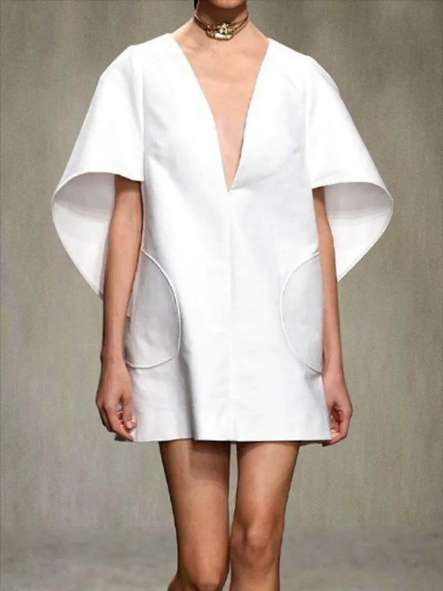 Yeezzi Fashion Black White Color Short Dress For Women 2025 New Spring Deep V-neck Half Sleeves Loose Prom Party Mini Dresses GlowCart