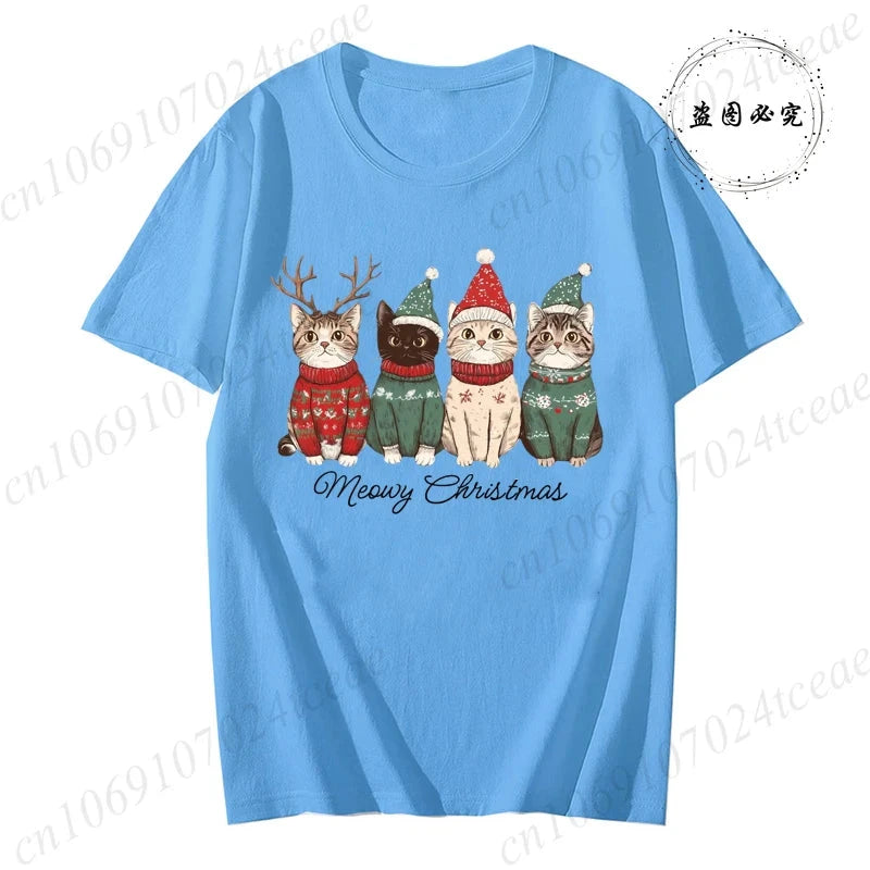 Meowy Christmas Cat Print Women Fashion T Shirt Girl O Neck GlowCart
