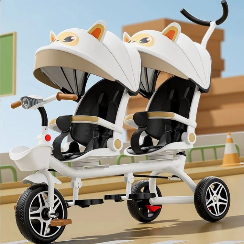 Multifunctional Twin Children's Tricycle Foldable Baby Bicycle Two-way Twin Baby Stroller Swivel Seat Double Stroller GlowCart