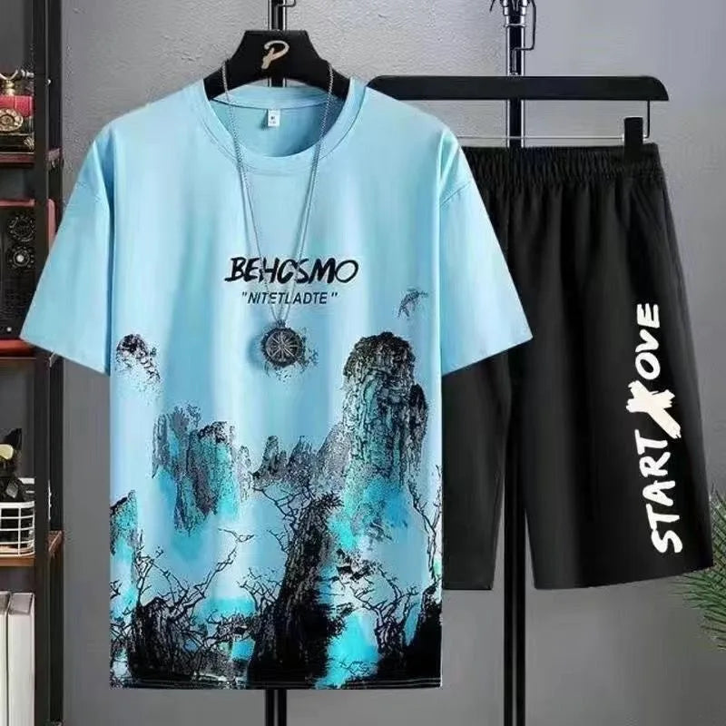2024 Summer leisure Men set Manga Graffiti Tees T-shirt+shorts 2-piece Comfortable and breathable for men Top Print Tshirts sets GlowCart