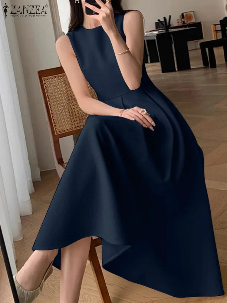 ZANZEA Women Sleeveless Pleated Dress 2025 Summer Korean GlowCart