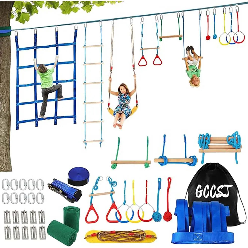 Warrior Obstacle Course For Kids And Adults - 65FT Slackline With Tree Climbing Rock Holds, Swing Seat, Monkey Bars, Ring Wheel, GlowCart