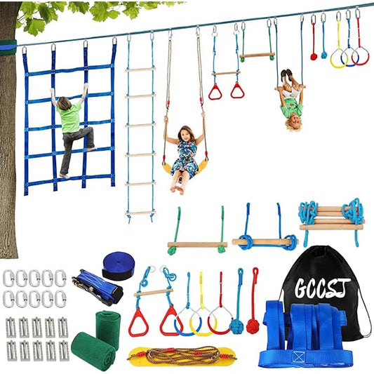 Warrior Obstacle Course For Kids And Adults - 65FT Slackline With Tree Climbing Rock Holds, Swing Seat, Monkey Bars, Ring Wheel, GlowCart