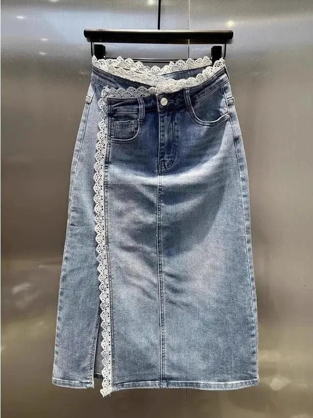 Casual High Waist Denim Skirt with Lace Trim Splice Design And Slit for Women Faionable Versatile  Skirt for Summer GlowCart