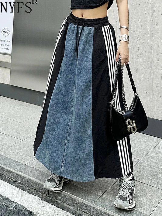 NYFS 2025 Spring Summer New Vintage Woman Skirt Loose Plus Size High Waist Patchwork Denim Long Skirts Faldas Mujer Saias GlowCart