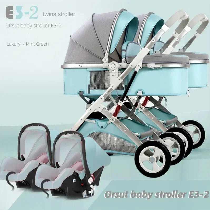 2025 New 3-in-1 Twin Baby Stroller with Car Seat, Portable Foldable High View Newborn Baby Stroller Can Sit or Lie GlowCart