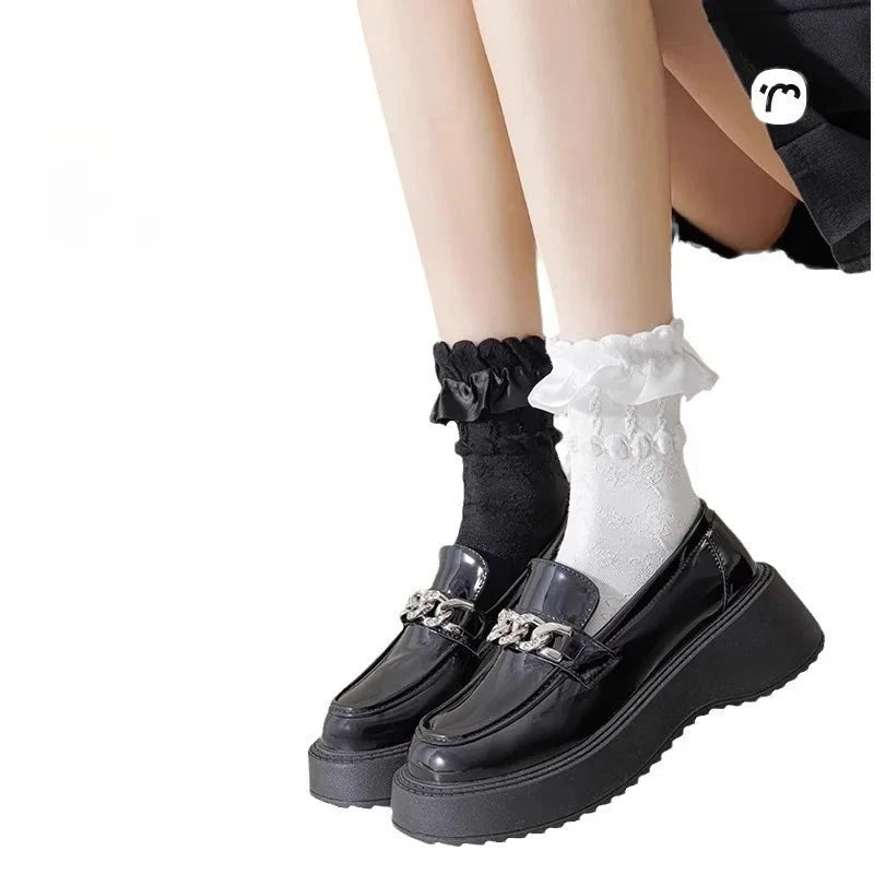 3 Pairs Woman Lolita Cute Black White Socks Set Spring GlowCart