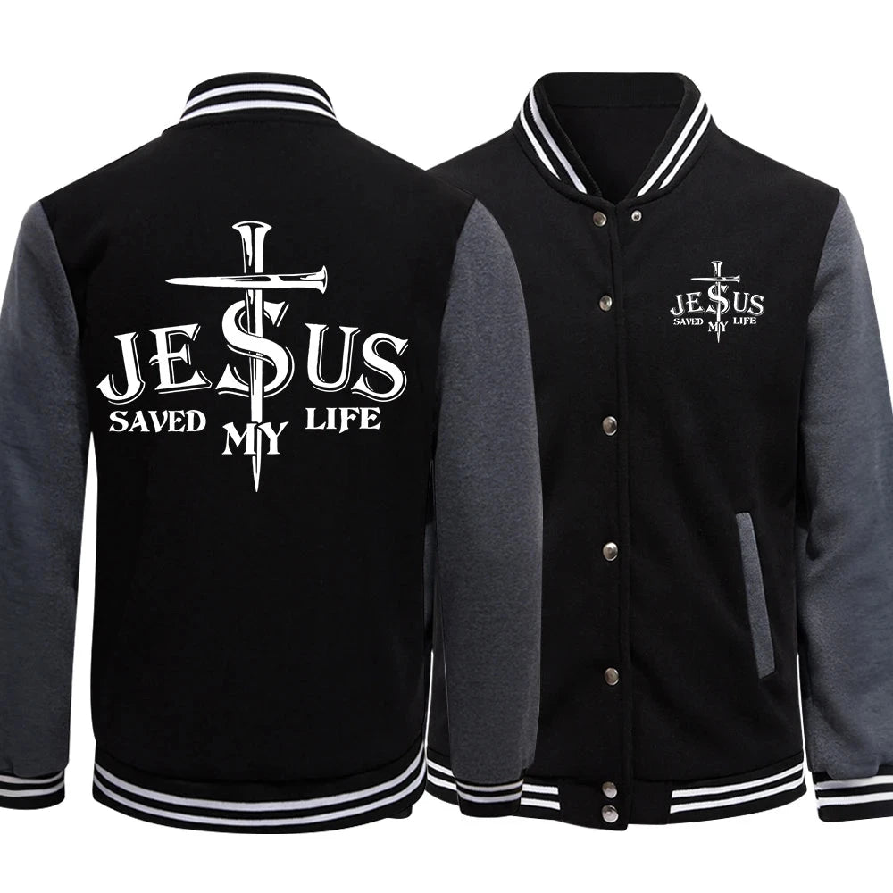 Jesus Saved My Life Letter Graphic Men'S Jackets Preppy GlowCart