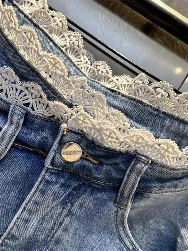 Casual High Waist Denim Skirt with Lace Trim Splice Design And Slit for Women Faionable Versatile  Skirt for Summer GlowCart