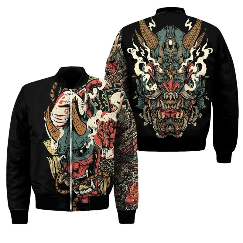 Spring Autumn Mens Bomber Jacket Samurai Oni Mask Tattoo 3D All Over Printed Zip Tracksuits Unisex Casual Zipper Jacket Clothing GlowCart