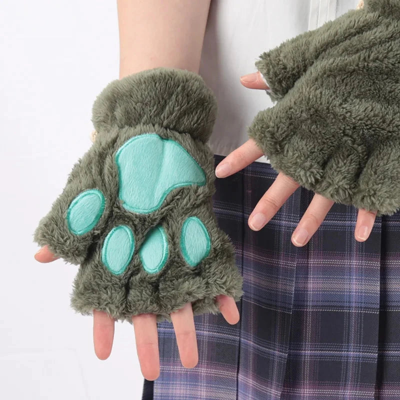 Women Cartoon Cat Claw Gloves Thickened Plush Lovely Style GlowCart