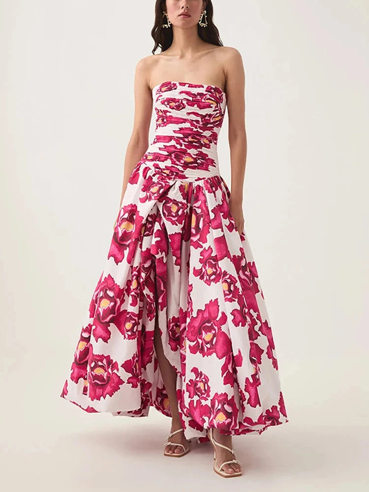 Sexy Strapless Printed Split Deign Long Bubble Dress Women GlowCart