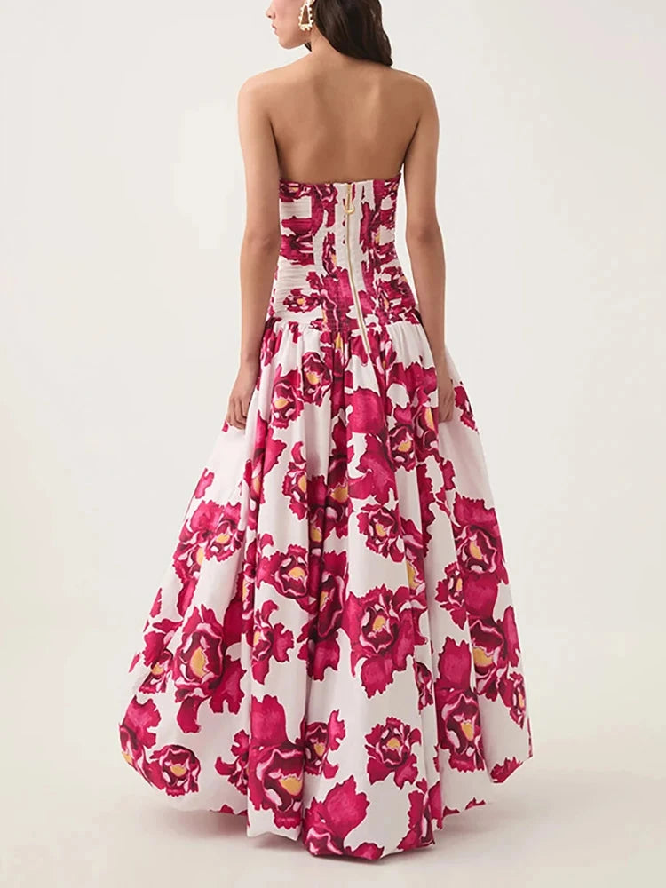 Sexy Strapless Printed Split Deign Long Bubble Dress Women GlowCart