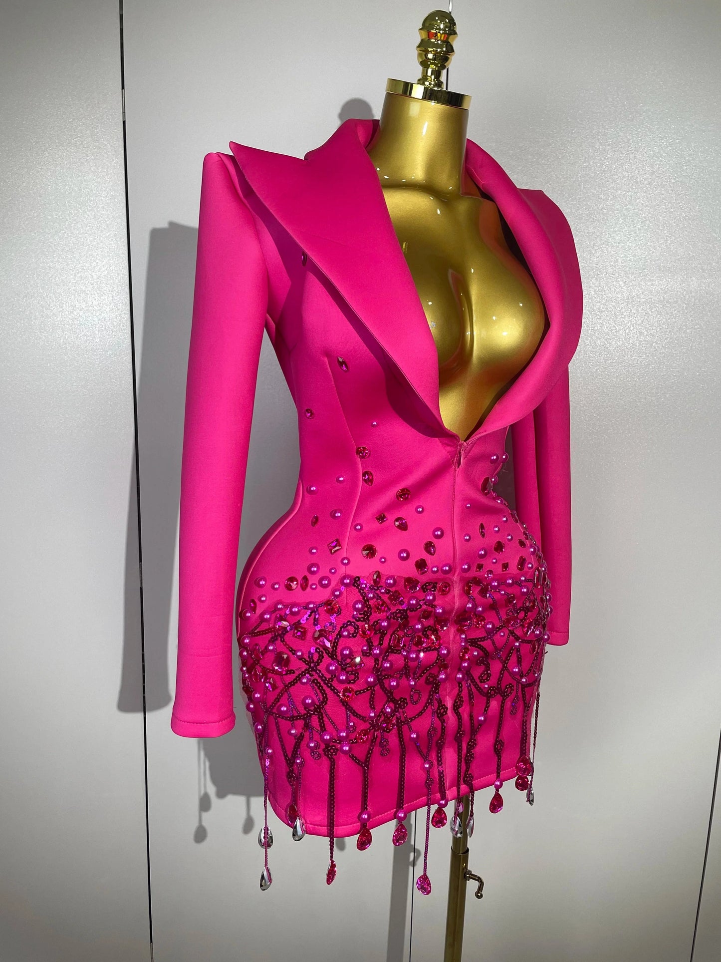 Sparkly Crystal Chains Pearls Long Sleeve Mini Dress 2025 GlowCart