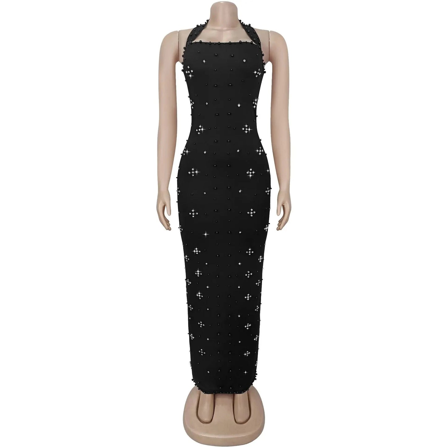 GLCMYAYA Women Diamonds Beading Halter Neck Bodycon Midi GlowCart