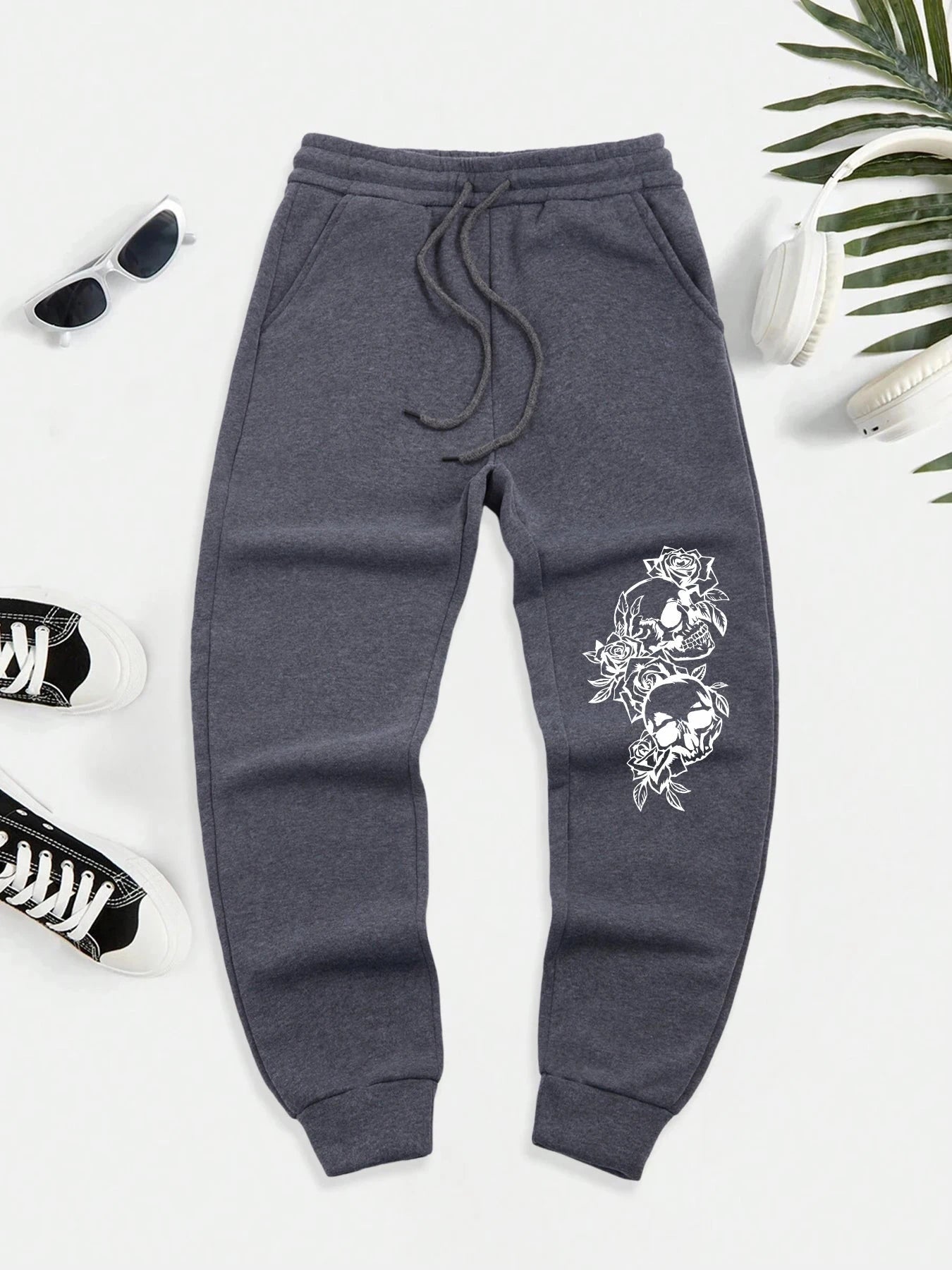 Skeleton Surrounded By Roses Printed Warm Men Long Pant GlowCart