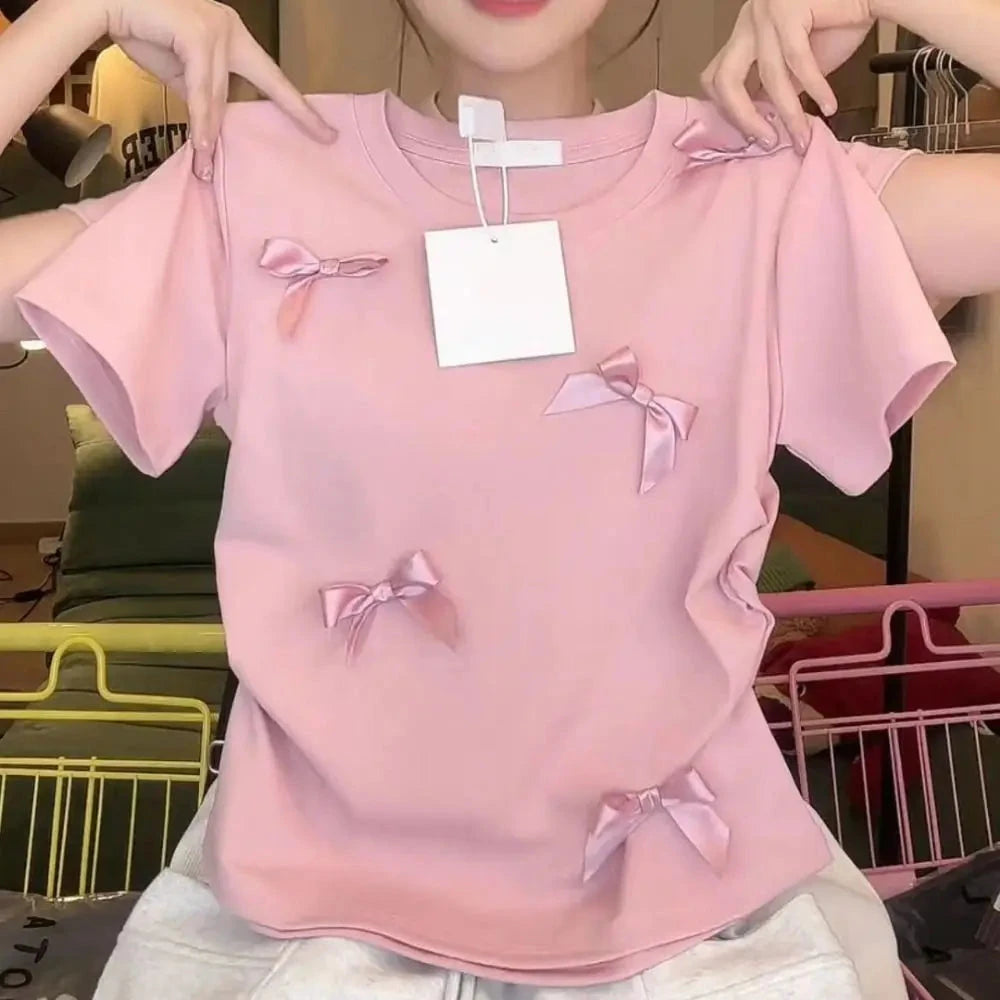 Elegant Ballet Bowknot T Shirts Round Collar Japanese Style GlowCart