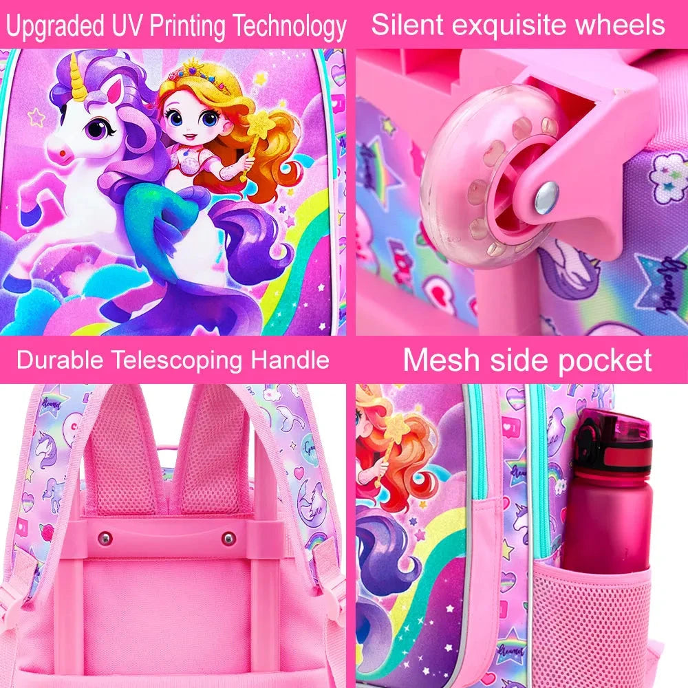 4PCS Rolling Bookbag for Girls, Cute Kids Mermaid Wheeled Backpack，Unicorn Roller School Bag with Wheels for Elementary Preschoo GlowCart