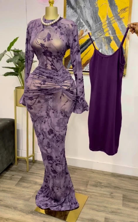 CM.YAYA Women Long Sleeve Stacked Mesh See Though with Lining Bodycon Long Dress 2025 Autumn Evening Birthday Sexy Party Dresses GlowCart