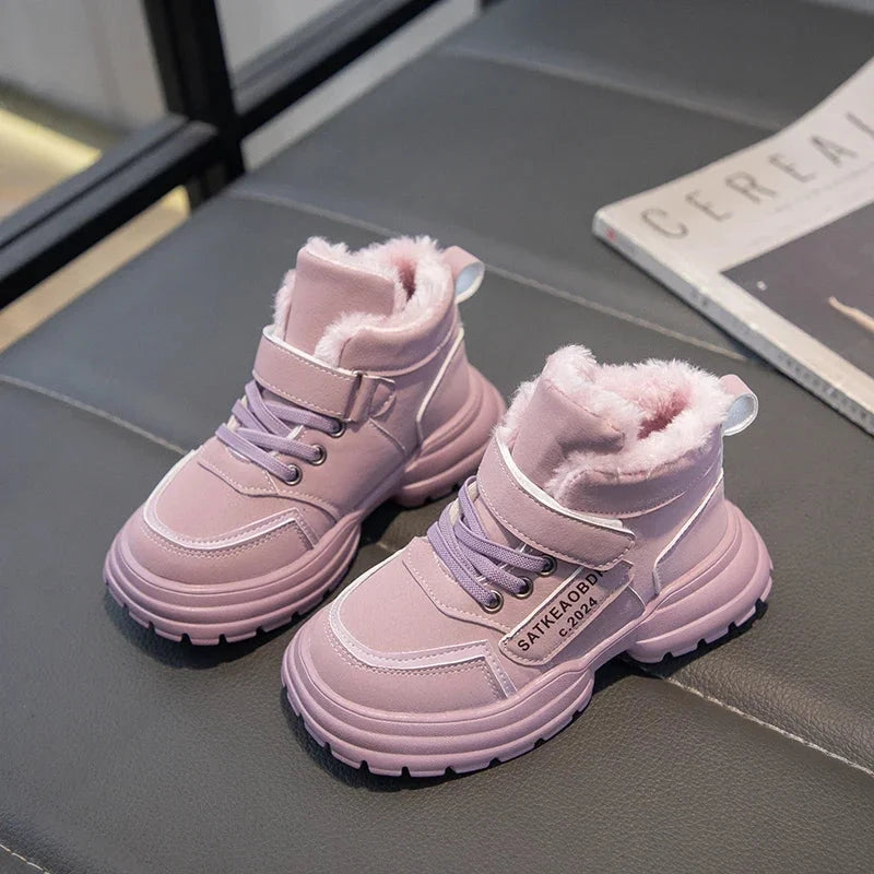 Boys Girls Sports Boots with Fur 2025 New Fashion Kids Ankle Boots Warm for Winter Sweet Students Short Boots Non-slip Soft Sole GlowCart