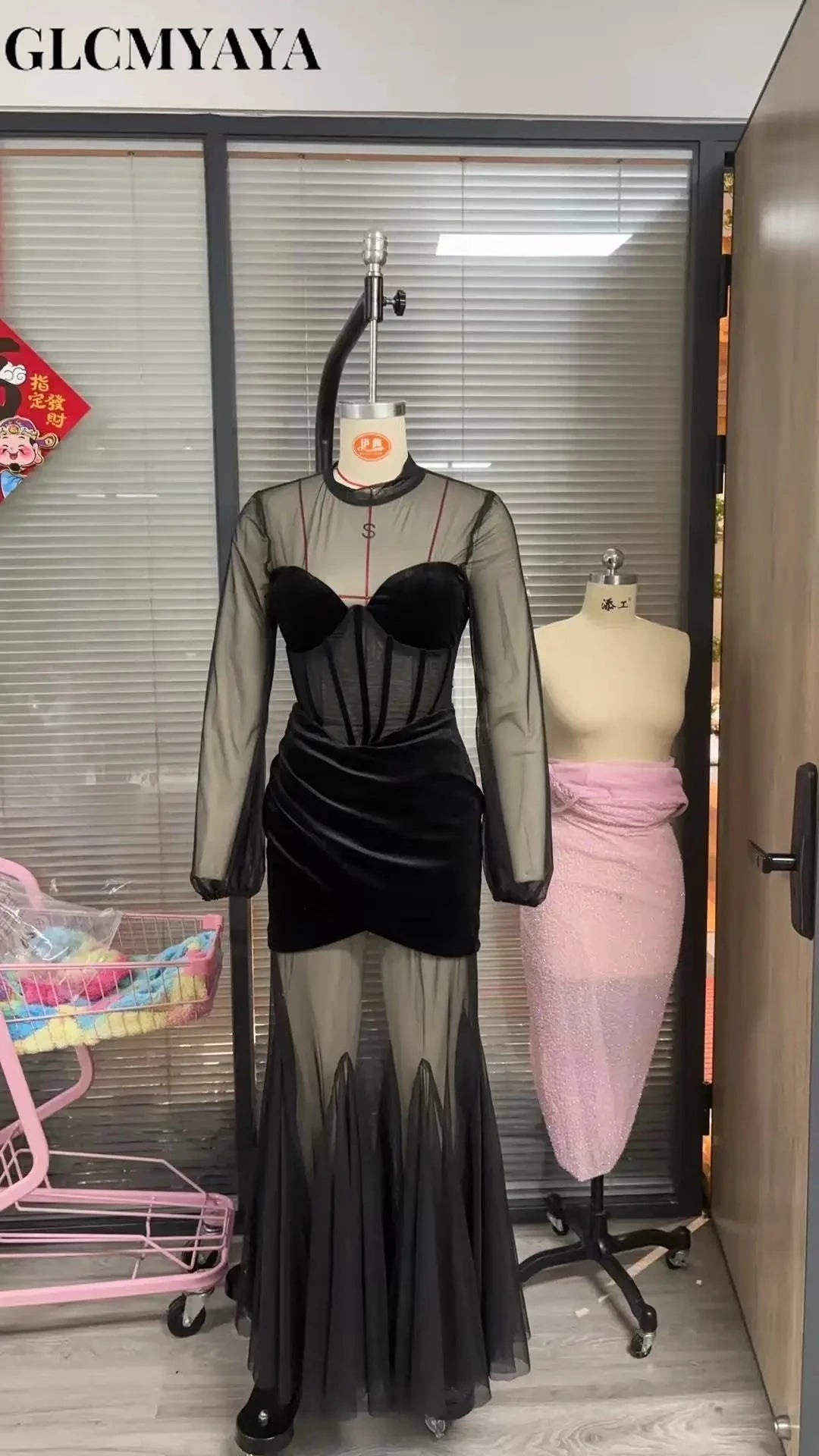 GLCMYAYA Mesh See Through Women Full Sleeve Velvet Bodycon GlowCart