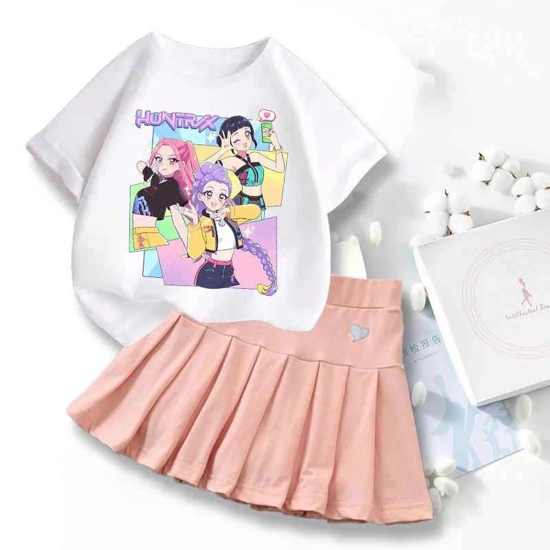 New K Pop Demon Hunters T-shirts Skirt Set Kawaii Cartoon Graphic T-shirt Kids Casual Short Sleeves Tops Summer Girl Clothes GlowCart