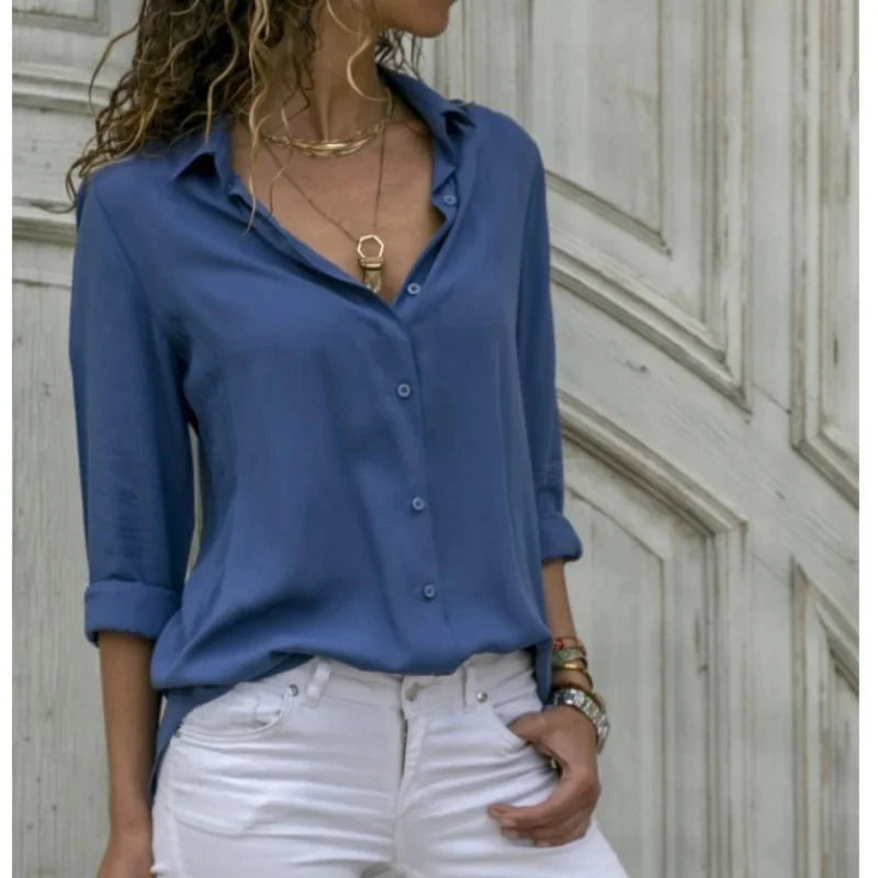 Women Elegant Solid Chiffon Blouse Spring Summer Casual Long GlowCart