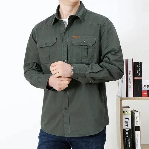High-quality washed cotton shirt men's long-sleeved lapel GlowCart