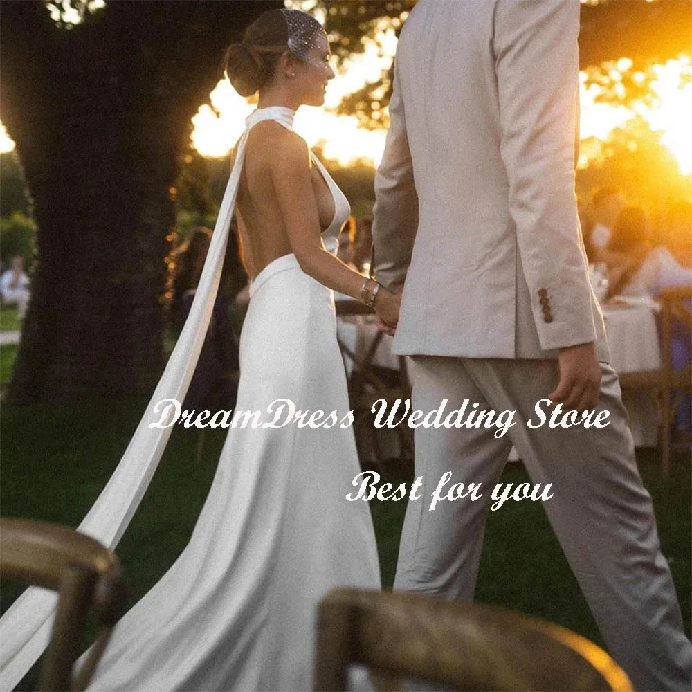 DREAM Customized Simple V-Neck Halter Mermaid Crepe Wedding GlowCart
