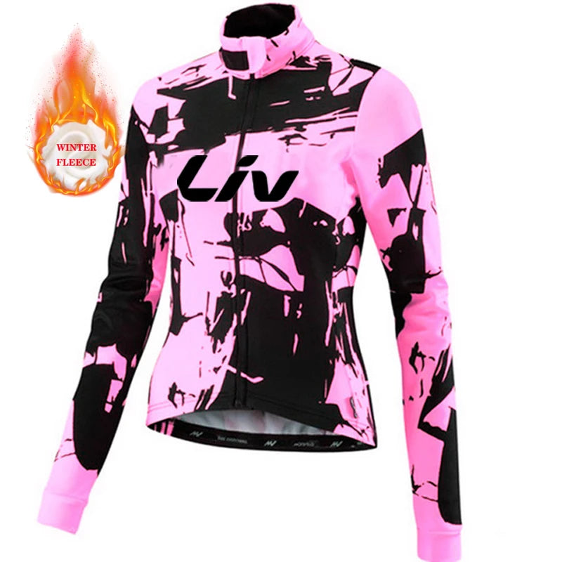 Liv Women Team Winter Fleece Long Sleeve Cycling Jersey Set Mountian Bicycle Clothes Wear Ropa Ciclismo Racing Bike Jersey Suit GlowCart