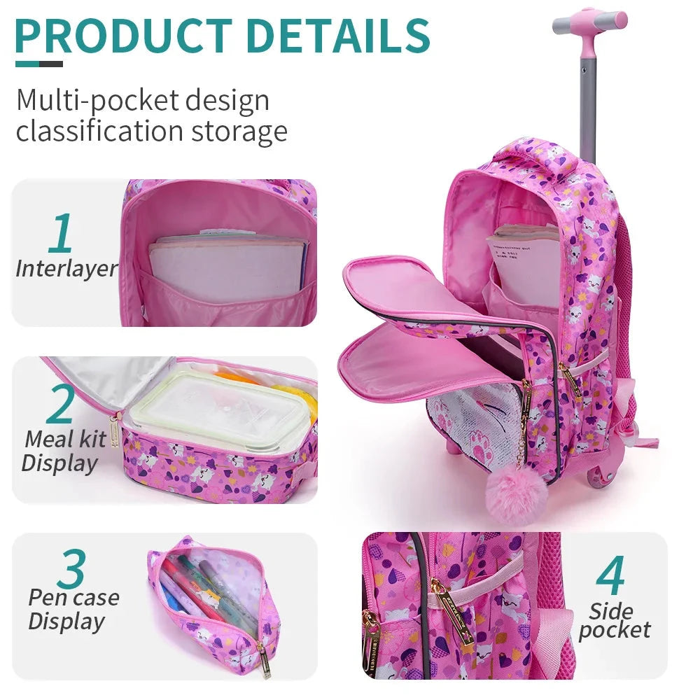 3PCS set Rolling Backpack For Girls, Cute Cartoon Cat Sequin Wheeled Bookbag For Elementary Students, With Lunch Box And Pen Bag GlowCart