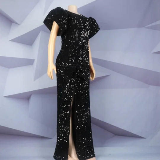 CM.YAYA Women Short Sleeve O-neck High Side Split Sequined Bodycon Midi Maxi Dress 2023 Sexy Party Birthday Long Dresses Vestido GlowCart