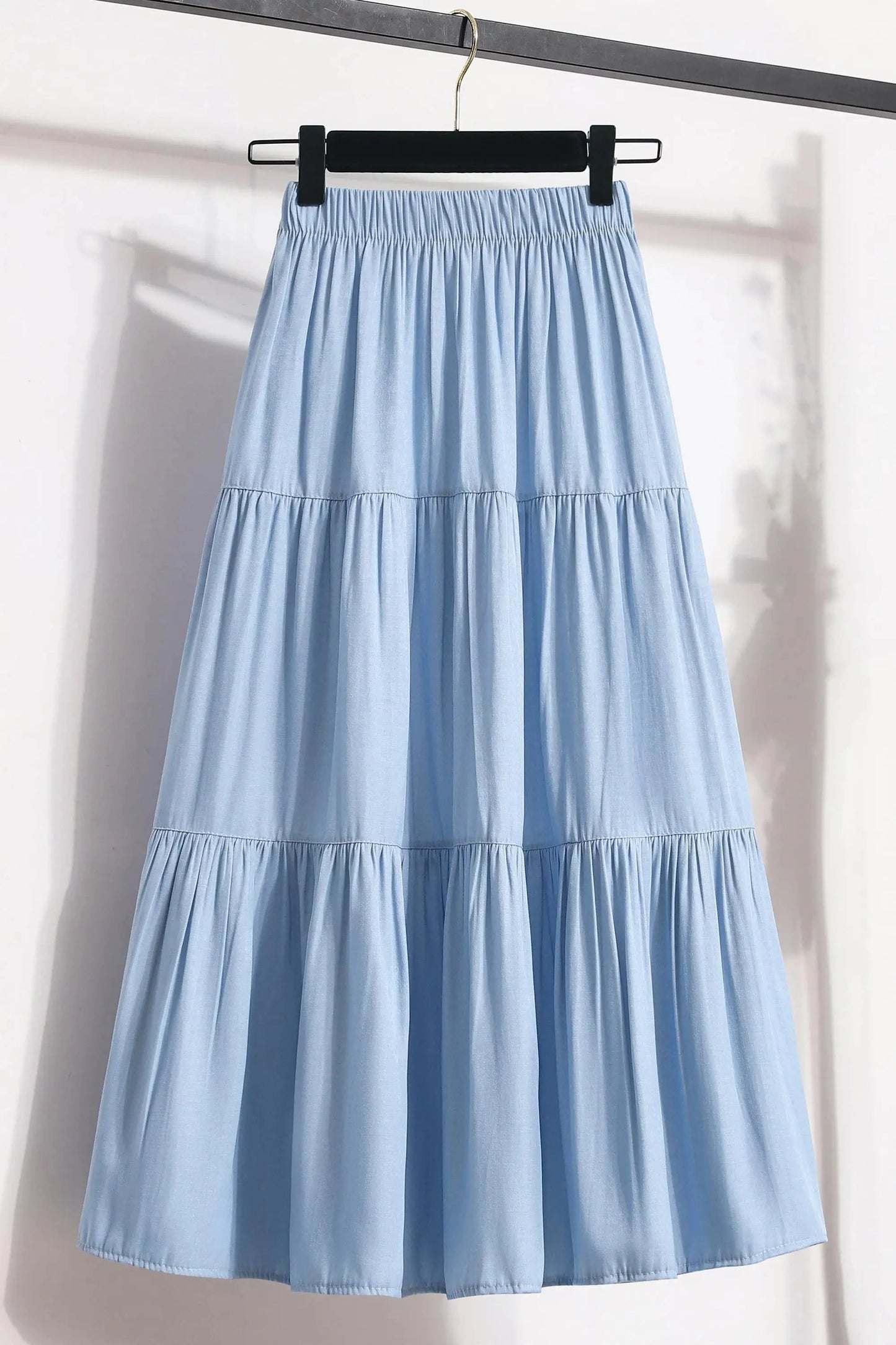 Soft Slik Denim Midi Skirt for Women Blue Jean Elastic Waist Tiered Flared Long Skirt Summer Vintage Casual Daily Outfit GlowCart