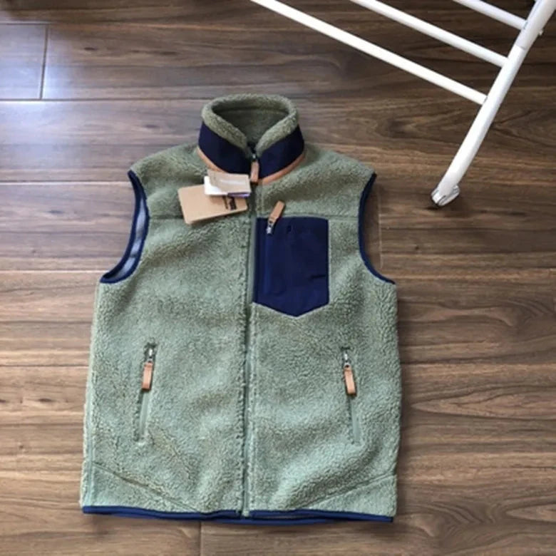 Retro Fleece Jacket Stand Up Warm Lambskin Vest Sleeveless GlowCart